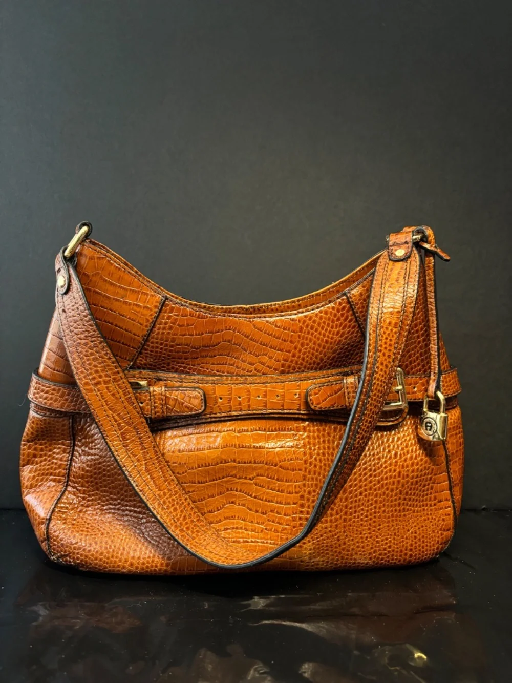 Etienne Aigner Brown Embossed Leather Shoulder Bag Croc Texture Classic Hobo